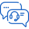 Blue icon of two overlapping speech bubbles; one contains three dots, and the other contains a headset with a microphone and a line, suggesting customer service or communication support.