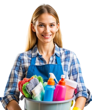 Smiling woman in a blue apron holds a bucket filled with various colorful cleaning supplies, including spray bottles, sponges, and cloths, against a plain white background.