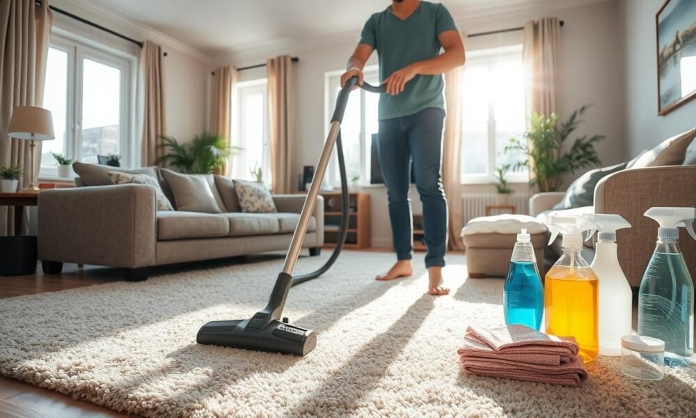 efficient home cleaning guide with organized cleaning supplies